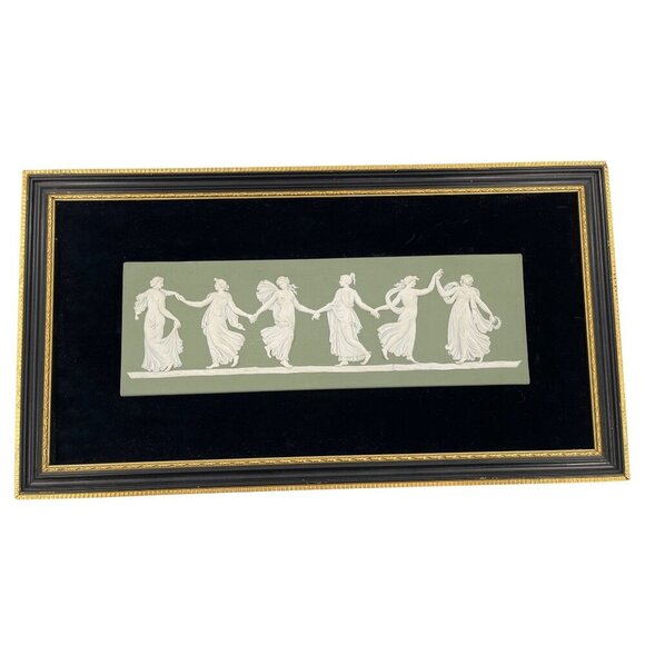 Wedgwood Green Jasperware Framed Dancing Hours Plaque  2 Cherubs Putti Plaques - Picture 12 of 16